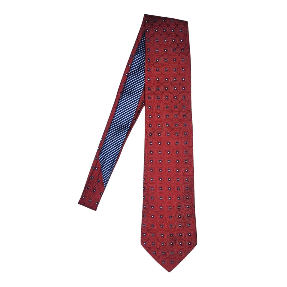 Tommy Hilfiger Necktie 100% Imported Silk Men’s Red Tie Made In USA Squares